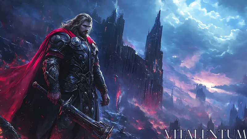 Storm-clad warrior watching a burning crystal city glow.