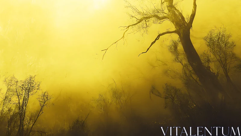 Leaning tree silhouette in dense golden forest haze.