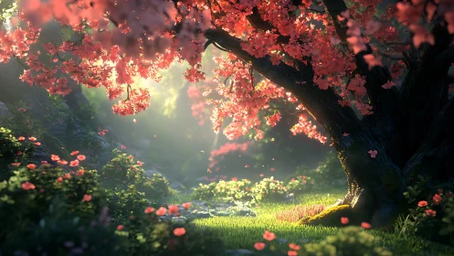 Sunlit cherry tree illuminates tranquil forest clearing