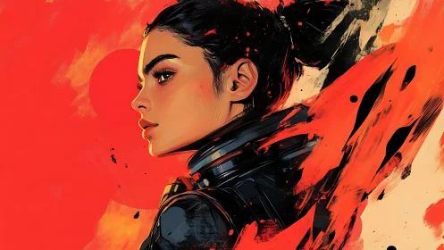 Cyber samurai portrait in kinetic red brush abstraction.