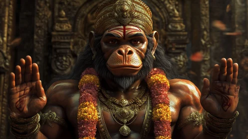 Divine monkey warrior idol in ornate temple setting.