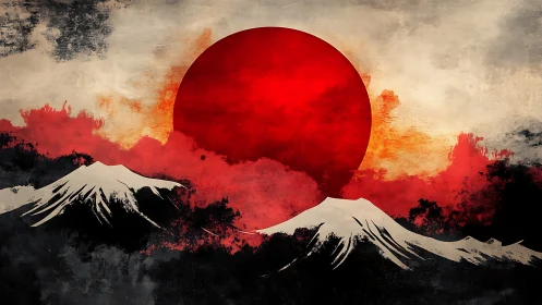 Rising crimson sun above stylized snow peaks in misty sky.