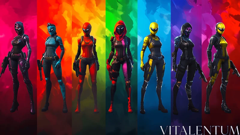 Neon-clad futuristic warriors stand under bold rainbow lights.