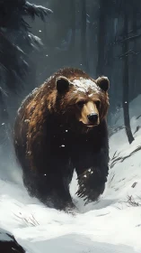 Brown bear moving through snowy conifer forest in winter.
