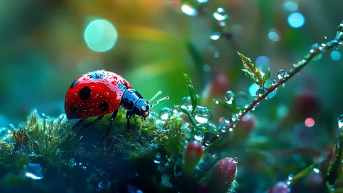 Macro study of dew-covered ladybug on mossy micro-landscape