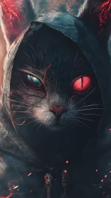 Mystic hooded cat with glowing eyes in emberlit twilight.