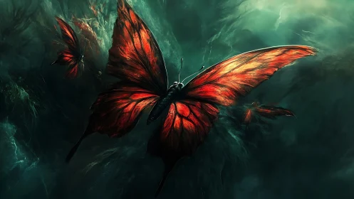 Midnight ember butterflies drifting through stormlight.