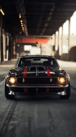 Black classic muscle car with red racing stripes in warehouse.