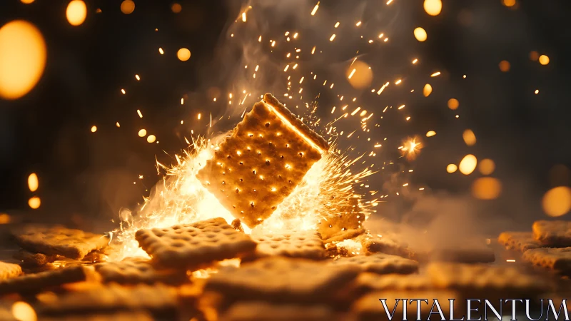Golden crackers exploding with luminous particles in dramatic impact