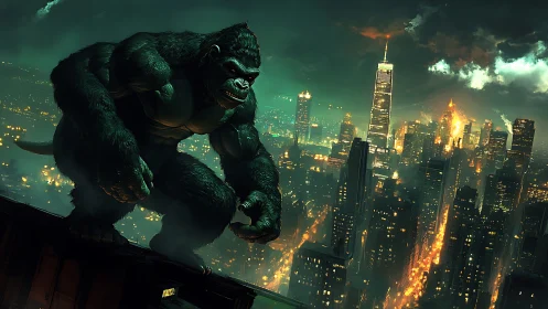 Giant gorilla towers over illuminated modern city skyline