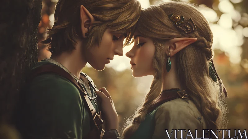 Tender forest moment between two gentle elf adventurers.