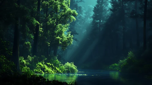 Sunlit Forest River Through Dense Canopy.