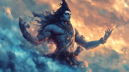 Celestial blue deity levitates amid volumetric clouds and sunset light