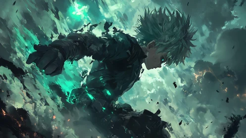 Stormlit hero dives through a swirling sky in glowing power