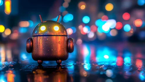 Glow-eyed street robot wandering through rainy neon night.