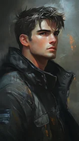 Storm-lit wanderer studies horizons with guarded resolve