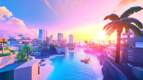 Neon tropical city waterfront at sunset rendered in 3D voxel style architecture.