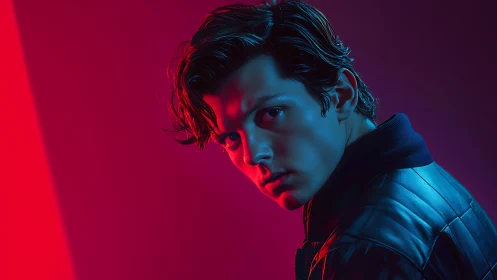 Moody neon portrait of young man in cinematic lighting.