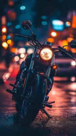 Midnight street motorcycle with neon bokeh glow.