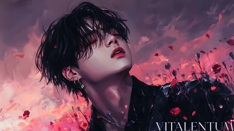 Digital painting portrait with crimson dusk floral dynamics.