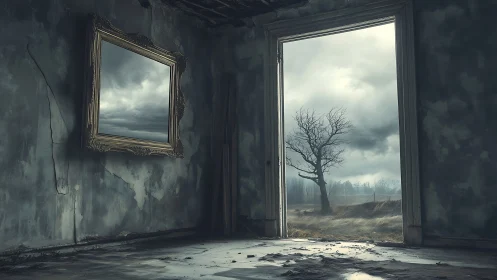 Desolate interior framing stormy landscape and mirror portal.