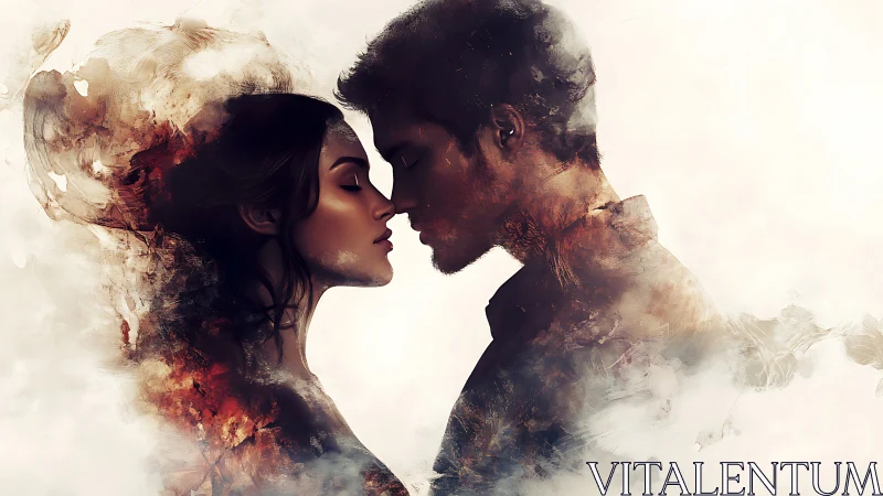 Double Exposure Portrait of Embracing Couple with Atmospheric Dissolution.
