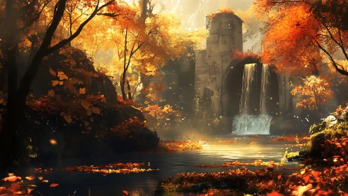 Autumn sanctuary with ruined gate and luminous waterfall.