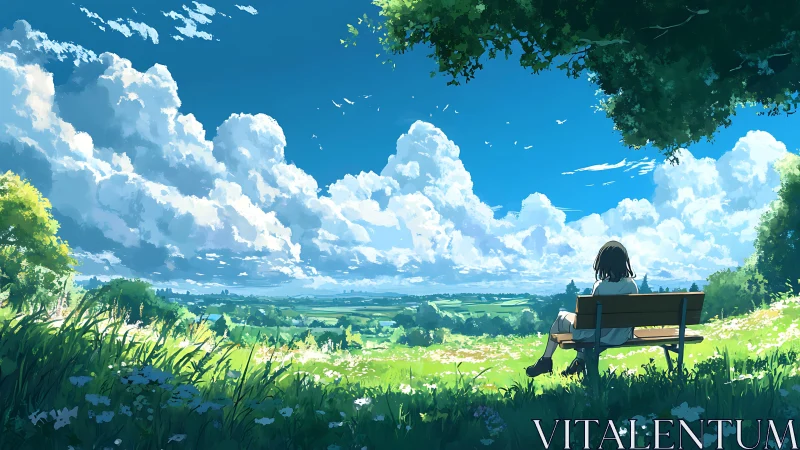 Atmospheric perspective panorama with contemplative bench figure.