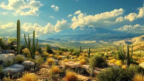 Sunlit desert valley unfolds beneath distant blue mountains.