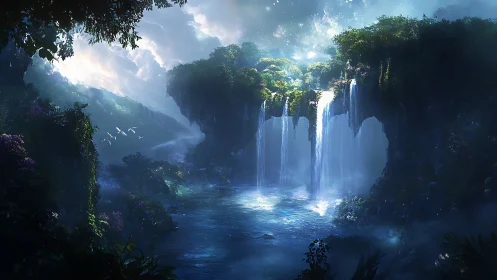 Luminous cascade basin under bioluminescent forest canopy.