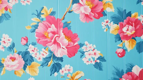 Vivid peony floral pattern rendered on turquoise panel ground