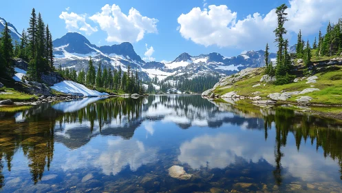 Mountain lake reflects snow peaks under bright summer sky