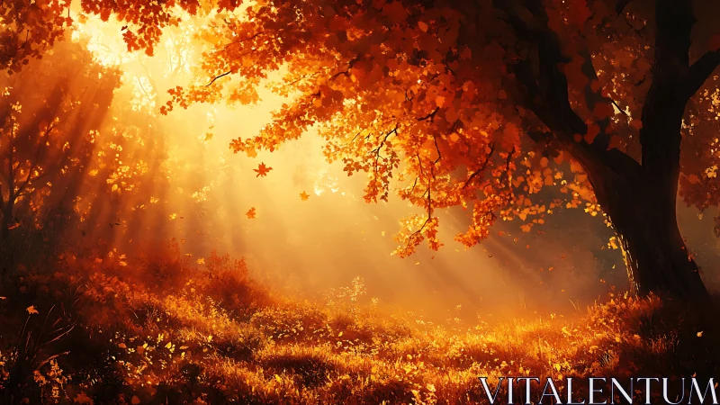 Autumn forest glows under golden sunrise light beams.