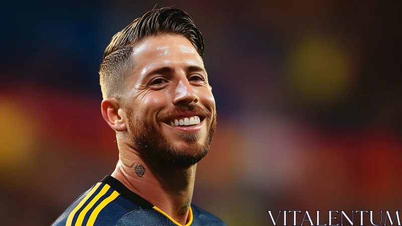 Male footballer portrait in stadium warm, blurred backdrop.