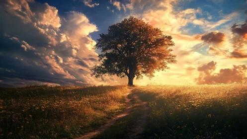 Solitary tree along dirt path under illuminated sky.
