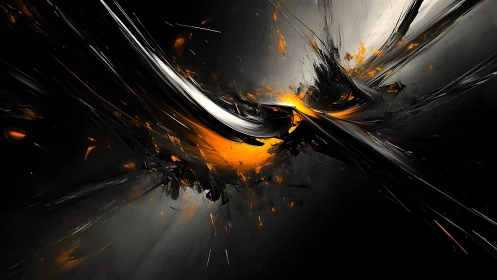 Fiery abstract shards erupt through sweeping metallic darkness