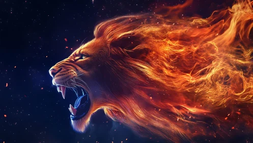 Roaring lion head merges into volumetric fiery mane in space