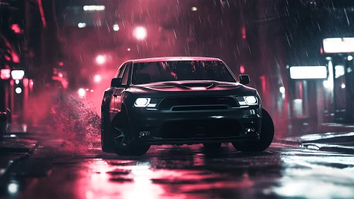 Muscle car drifts through neon city rain at night.