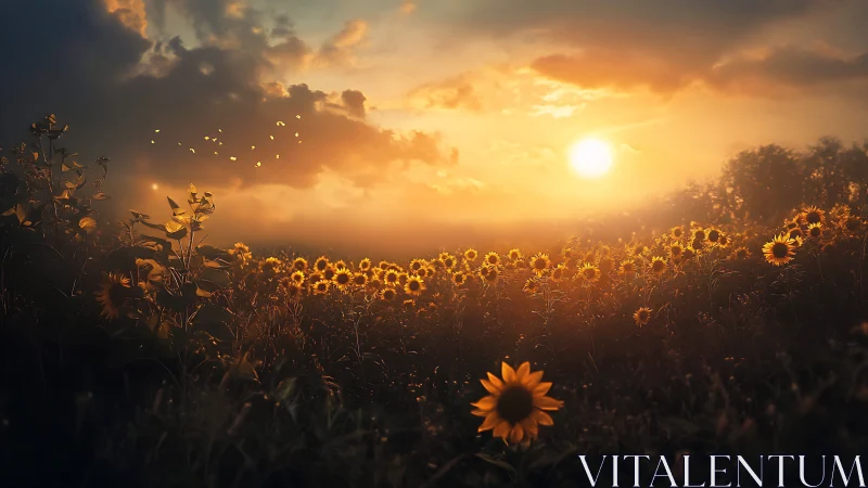 Sunflower field under glowing sunset sky with warm light.