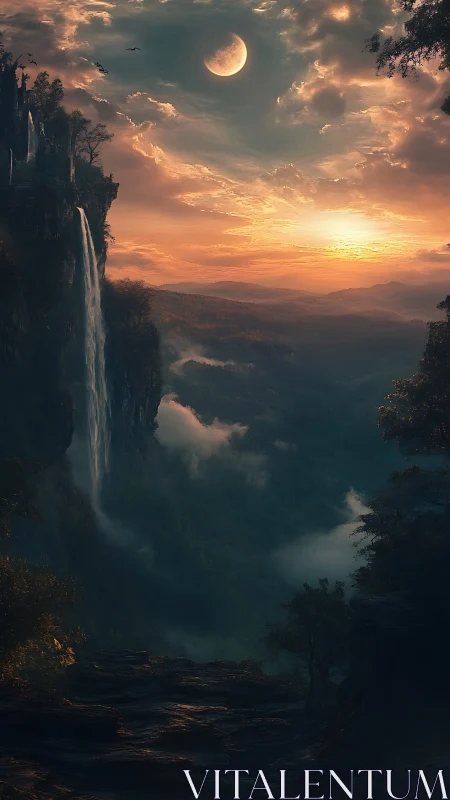 Moonlit waterfall cliffs over a dreamy misty valley.