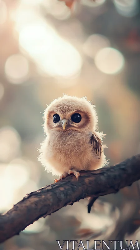 Baby owl perches on branch under soft golden bokeh glow.