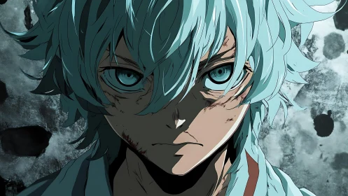 Intense blue haired anime character stares forward grimly