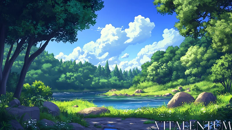 Serene River Valley Surrounded by Lush Green Forest
