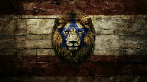 Textured lion emblem on distressed wooden tricolor field.