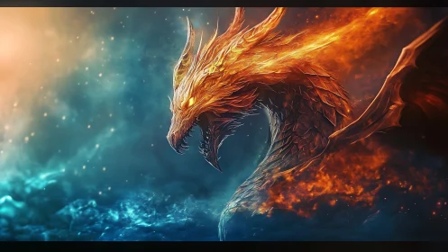 Fiery dragon profile rendered against contrasting blue field