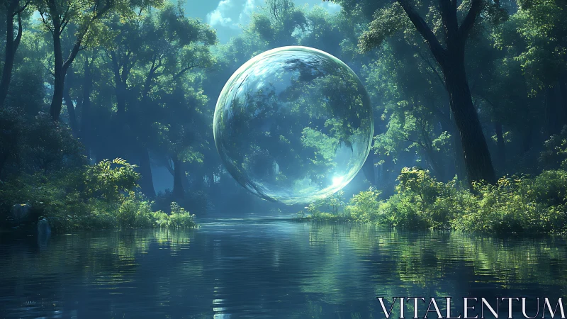Glowing forest sphere hovering over a quiet reflective river.