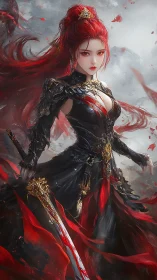 Fierce red haired warrior stands poised in ornate dark armor