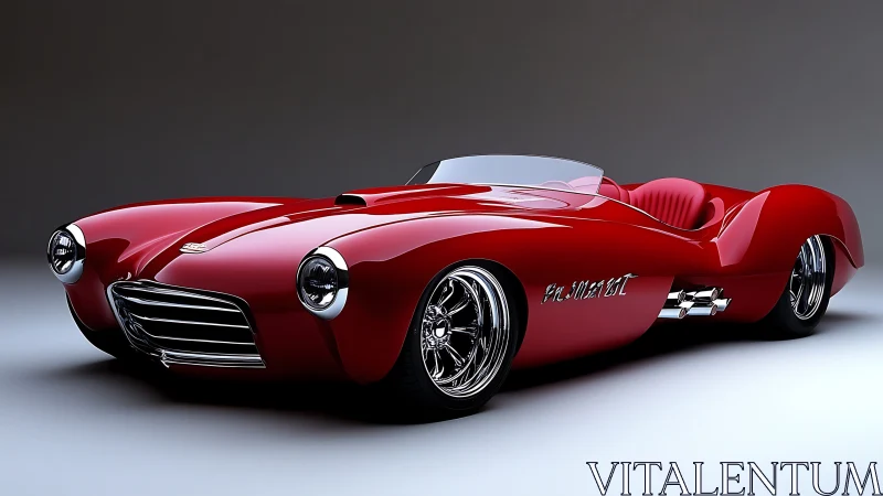 Crimson roadster comet with liquid chrome curves poised.