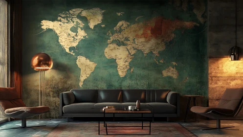 Wanderlust living room wrapped in moody world map walls.