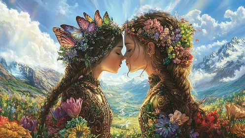 Twin flower spirits trade a mountain-bloomed kiss of spring.